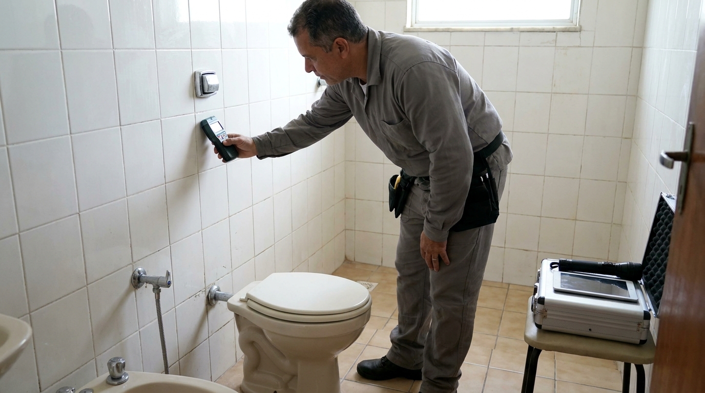 Técnico de caça vazamento analisando tubulação em Curitiba‑PR