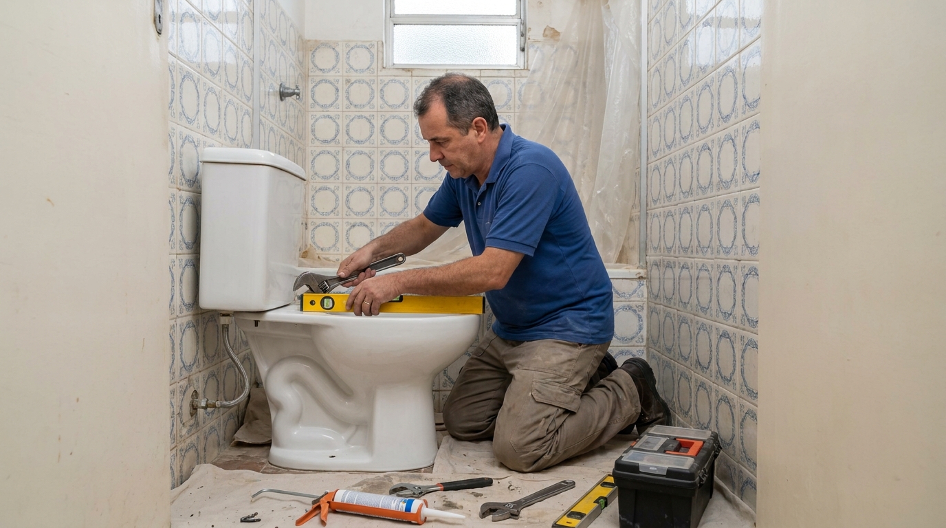 Técnico instalando vaso sanitário em Curitiba‑PR